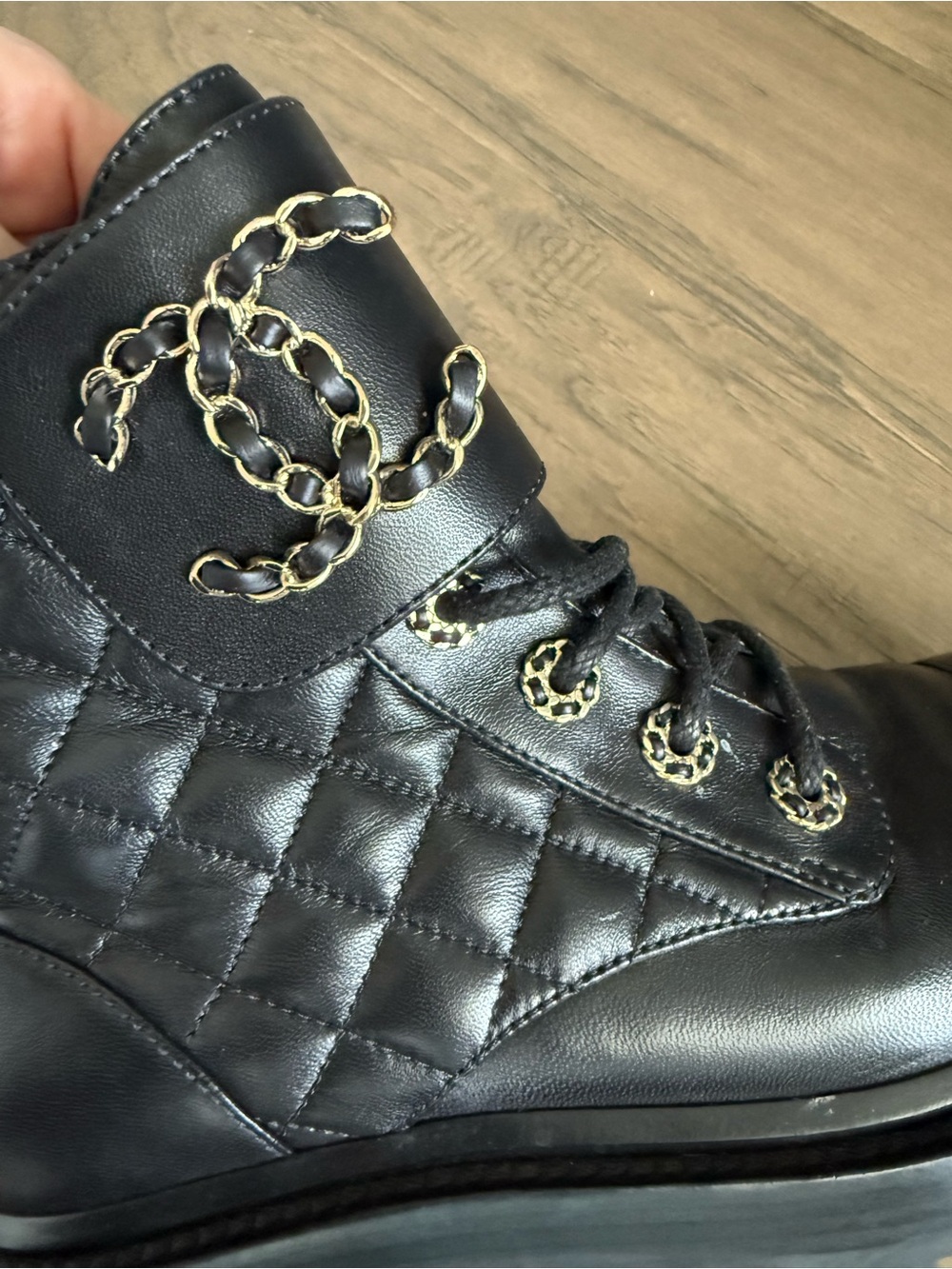 CHANEL Black Quilted Leather Lace-Up Ankle Boot with Gold Chain CC logo 37